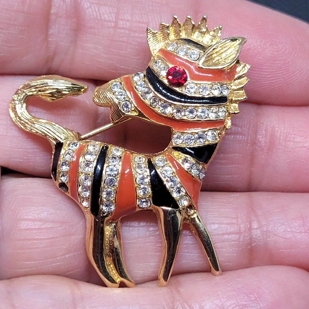 Zebra Brooch Enamel Rhinestone Animal‎ Pin Gold Tone Orange Stripe